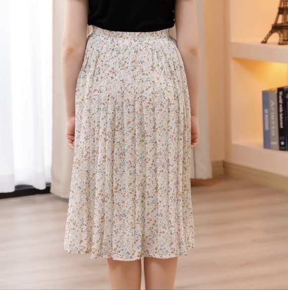 Manydress beige floral chiffon pleated elastic high waist a line midi skirt - Picture 6 of 14